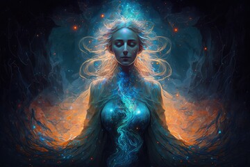 Wall Mural - woman, surrounded by the energy of the universe, in tranquil setting, created with generative ai