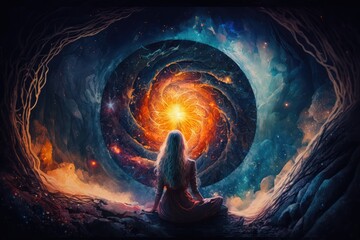 Wall Mural - woman, surrounded by the energy of the universe, in tranquil setting, created with generative ai