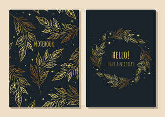 Sticker - Cover gold design with leaves pattern. Applicable for notebook cover, planner, brochure, book, catalog etc. 