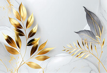 White Background And Gold Art Marble Abstract Art Background. Golden Line Art Flower And Leaves Organic Shapes, Wallpaper Design, Wall Art For Home Decor And Prints.