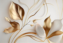 White Background And Gold Art Marble Abstract Art Background. Golden Line Art Flower And Leaves Organic Shapes, Wallpaper Design, Wall Art For Home Decor And Prints.
