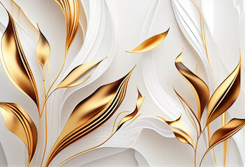 White background and gold art marble abstract art background. Golden line art flower and leaves organic shapes, Wallpaper design, Wall art for home decor and prints.