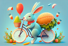 A Cute Cheerful Rabbit Holds An Egg And Rides A Bicycle On The Occasion Of The Easter Celebration. Creative Illustration Generative AI