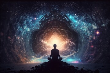 Canvas Print - person, meditating in quiet space, with energy of the universe surrounding them, created with generative ai