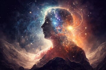 Poster - person, meditating with their eyes closed, surrounded by the energy of the universe, created with generative ai