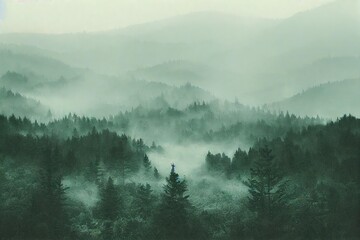 Canvas Print - Morning fog falls on the forest hills and trees.., created with generative ai