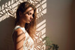 © ARThitecture - fashion portrait of a natural beauty young woman standing against a beige summer wall, generative ai