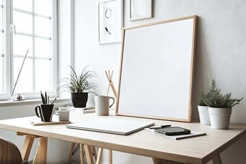 Sticker - White table in minimalist office with empty picture frame, coffee cup, and pencil holder. Generative AI