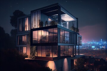 Sticker - exterior of a modern house, with the view of the city skyline and twinkling lights visible in the distance, created with generative ai