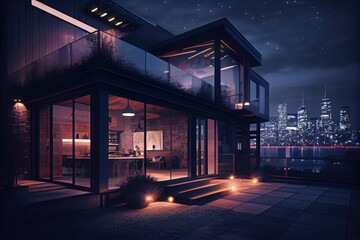 Wall Mural - exterior of a modern house, with the view of the city skyline and twinkling lights visible in the distance, created with generative ai