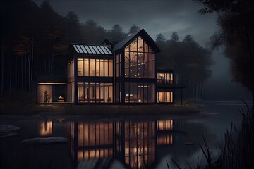 Canvas Print - a tranquil lakeside view of a modern house with lighted windows and lanterns, created with generative ai