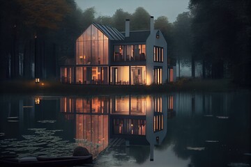 Poster - a tranquil lakeside view of a modern house with lighted windows and lanterns, created with generative ai