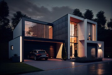 Poster - a sleek and stylish modern house, with its exterior lights illuminating the windows and driveway, created with generative ai