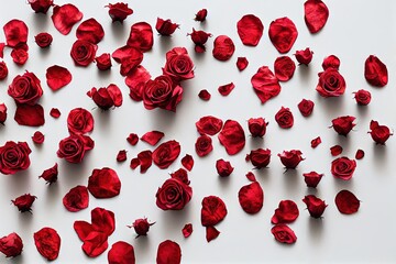 Poster - Dried and wilted red buds and rose petals on white background., created with generative ai