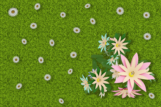 Wall Mural -  - Illustrazione 3D. Primavera, estate. Fiori, fiore su prato verde texture. Sfondo campo di erba con fiori colorati.