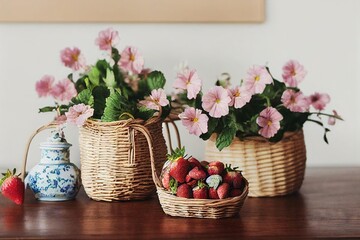 Poster - Summer flower bouquet in basket on wooden table with strawberries., created with generative ai