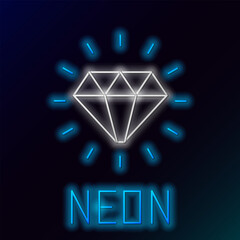 Poster - Glowing neon line Diamond icon isolated on black background. Jewelry symbol. Gem stone. Colorful outline concept. Vector