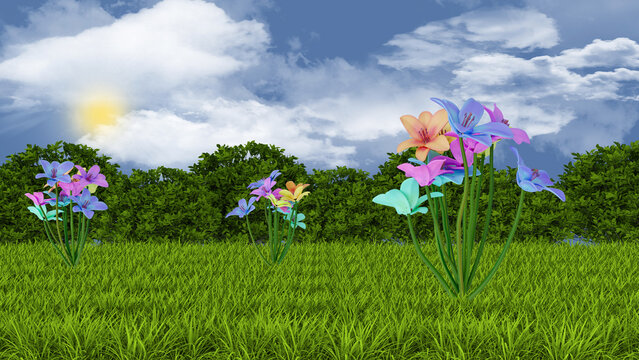 Wall Mural -  - Illustrazione 3D. Primavera, estate. Fiori, fiore su prato verde con sfondo cielo, sole, nuvole..