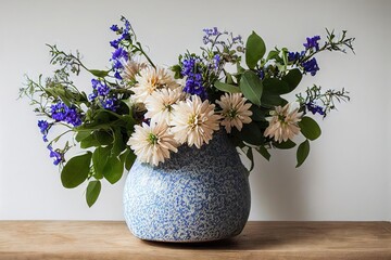 Poster - Summer flower bouquet with white chrysanthemums in blue vase on table., created with generative ai