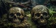 Lost treasure of pirates in the Caribbean jungle swamps, gold skulls and coins embedded in wet mud, root of all evil, adventurers death, macro closeup - generative AI