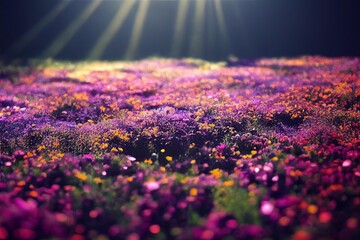 Wall Mural - Summer flower bouquet garden with purple flowers under rays of sun., created with generative ai