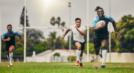 Wall Mural - Rugby team or people running fast on field in competition, game or match strategy, energy and challenge for goals. Speed of sports men, athlete or friends on pitch for gaming event moving in action