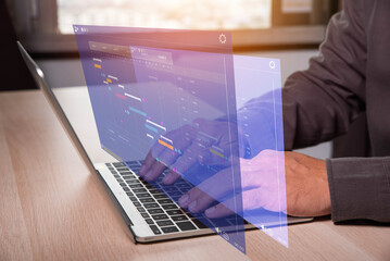 Fototapete - Analyst working with computer in Business Analytics and Data Management System to make report with KPI and metrics connected to database. Corporate strategy for finance, operations, sales, marketing
