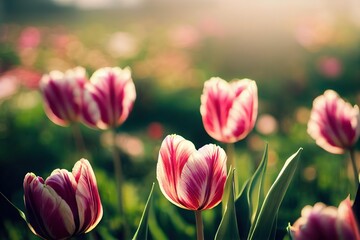 Sticker - Summer floral bouquet pink tulips in field on blurred background., created with generative ai