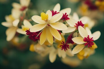 Canvas Print - Summer floral bouquet of yellow and white with red flowers on blurred background., created with generative ai