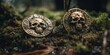 Lost treasure of pirates in the Caribbean jungle swamps, gold skull relief coins, embedded in wet mud, root of all evil, adventurers death, macro closeup - generative AI
