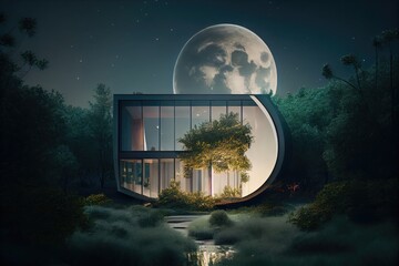 Sticker - a modern house with a glass exterior, surrounded by lush greenery and the moon in the sky, created with generative ai