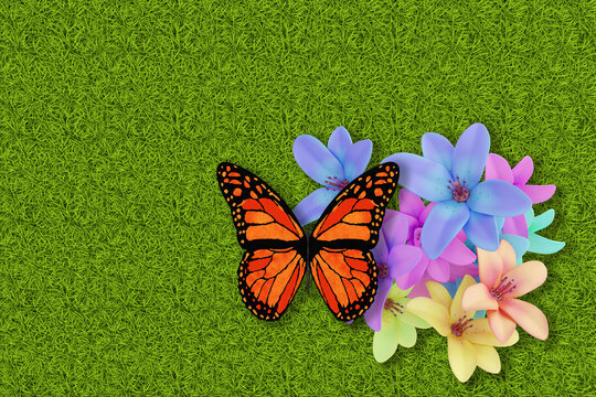 Wall Mural -  - Illustrazione 3D. Primavera, estate. Fiori e farfalle su prato verde texture. Sfondo campo di erba con fiori colorati e farfalle.