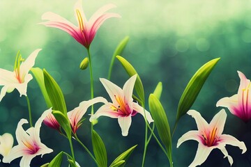 Poster - Summer flower bouquet of pink lilies on stem on blurred background., created with generative ai