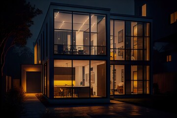 Sticker - an exterior of a modern house at night, with the interior lights on and shining through the windows, created with generative ai