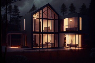 Canvas Print - view of a modern house with lights shining through the windows and illuminating the surroundings at night, created with generative ai