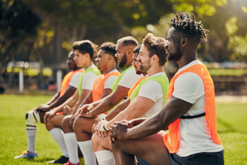 Poster - Rugby sport, diversity and men training outdoor on a grass field with a team on knee. Athlete group together for fitness, exercise and workout for professional sports club and strong teamwork