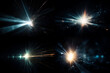 Four different digital lens flare in black bacground horizontal frame. Generative AI.