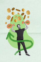 Sticker - Vertical collage image of black white gamma delighted excited guy arms hold money bags flying coins growing arrow upwards