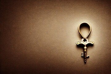 Wall Mural - Vintage brass wrench with ring on illuminated light brown background., created with generative ai