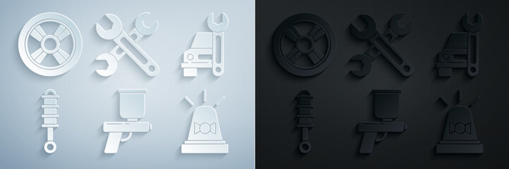 Wall Mural - Set Paint spray gun, Car service, Shock absorber, Flasher siren, Wrench and wheel icon. Vector