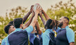 © Delcio/peopleimages.com - Diversity, team and men hands together in sports for support, motivation or goals outdoors. Sport group holding rugby ball in fitness, teamwork or success for match preparation or game