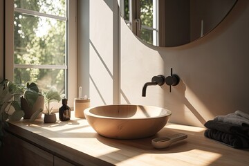 a bathroom with morning sun and shadow, a wooden vanity counter, a white ceramic sink, and a modern style black faucet. Mockup blank space for product display. Generative AI