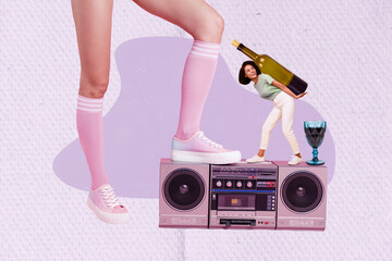 Poster - Creative minimal photo magazine collage of young woman hold bottle drink wine alcohol glass brand cabernet listen boombox isolated on pink background