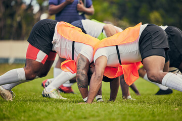 Poster - Rugby, scrum and team of men training on grass field ready for match, practice and sports game. Fitness, performance and male athletes in tackle for warm up, exercise and workout for competition