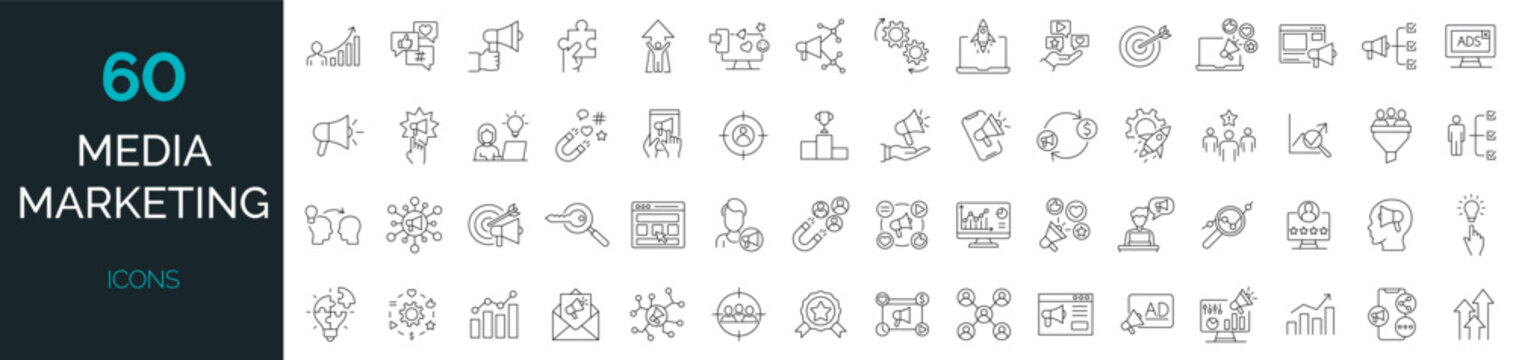 Set of 60 Digital media marketing icons.  Data analytics, SEO, ads, business. Editable Stroke. Vector illustration. 