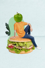 Poster - Creative collage photo of headless vegetarian man sitting tasty hamburger eat healthy green apple dieting nutrition isolated on blue background