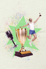 Poster - Vertical collage abstract image of delighted overjoyed mini guy hand hold champion award cup jumping big champagne glass