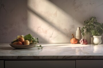 Sticker - empty dazzling white marble kitchen counter top illustration for a product display backdrop with a wallpapered beige wall, lovely sunlight, and vegetation shadow Background, Mock up, Table. Generative