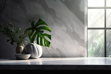 Sticker - background of a marble table and a window with light build a blurred indoor green plant foreground and a leaf shadow on the wall. mock up of a panoramic banner for a product display. Generative AI