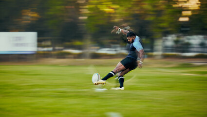 Canvas Print - Rugby, action and black man kicking ball to score goal on field at game, match or practice workout. Sports, fitness and motion, player running to kick at poles on grass with energy and skill in sport